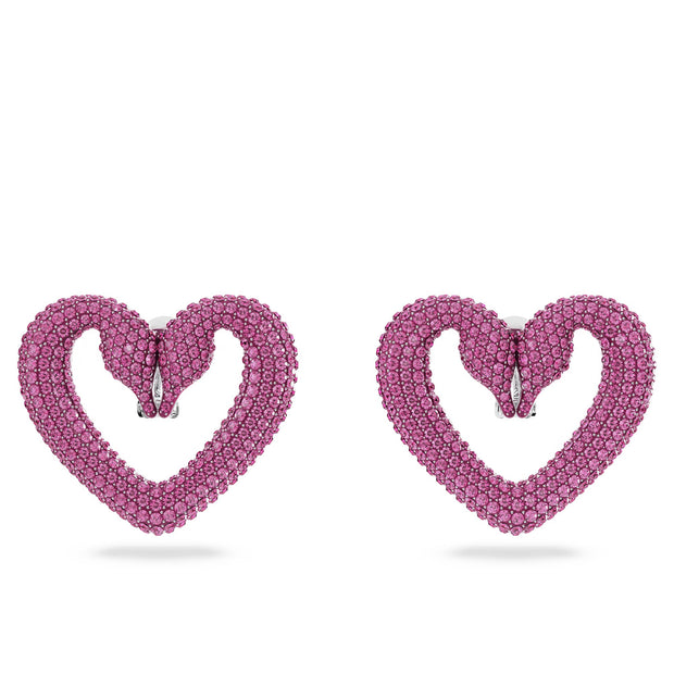 Swarovski Una clip earrings, Heart, Large, Pink, Rhodium plated